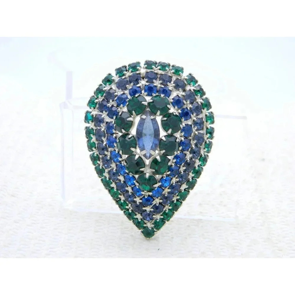 VTG Large Silver Tone Green Blue Rhinestone 3D Pin Brooch